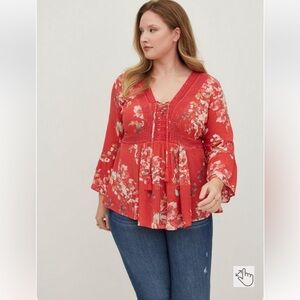 Torrid Babydoll Gauze Crochet Trim Lace-Up Top